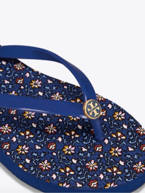 Tory Burch Shoes - Tory Burch Navy Floral Logo Flip Flop with Gold Emblem